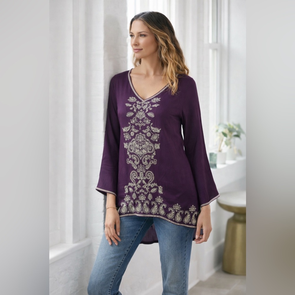 NWT Soft Surroundings Idaira Purple Embroidered Tunic Boho Luxe Size Medium